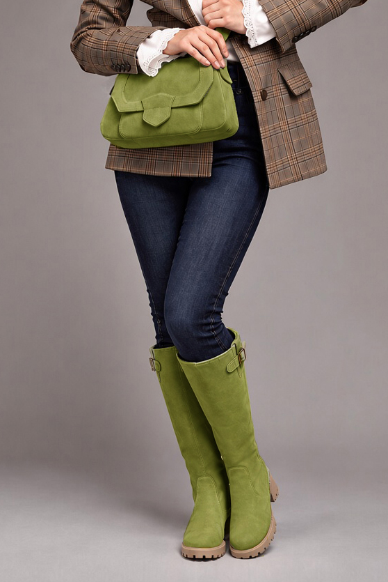 Women's pistachio green custom-made buckle knee-high boots with  and - Top view